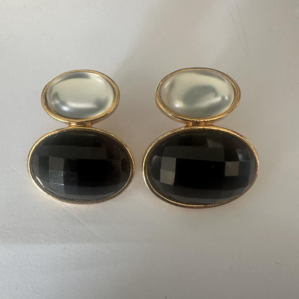 VTG 1980s Gold Tone Black Oval Dangle‎ Earrings Faux Pearl Double Drop Statement